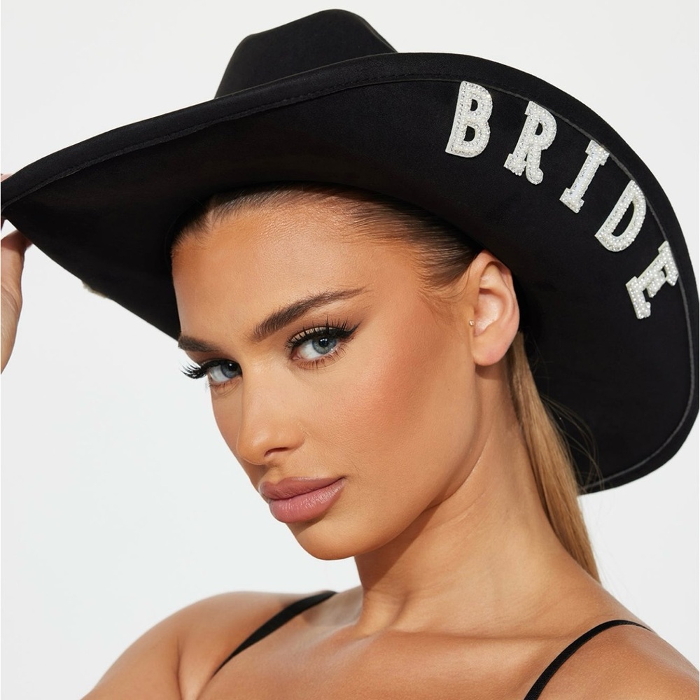 Black Faux Suede White Bling Beaded Rhinestone Bride Statement Cowgirl Hat - Picture 2 of 6